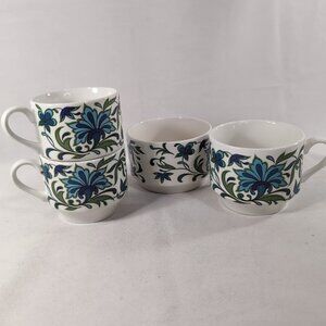 Staffordshire Midwinter England Spanish Garden 3 Mug Bowl White Blue Floral Tait